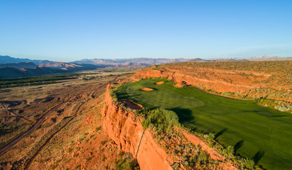Sand Hollow Championship Course aerial view with red desert landscape and wide fairways